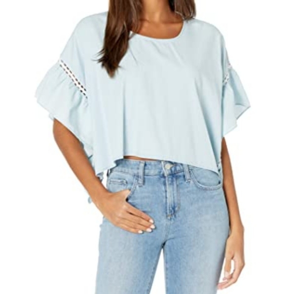 BCBGeneration Top Cropped Ruffled Short Sleeve White Eyelet Chambray Blue L NWT - Picture 2 of 16